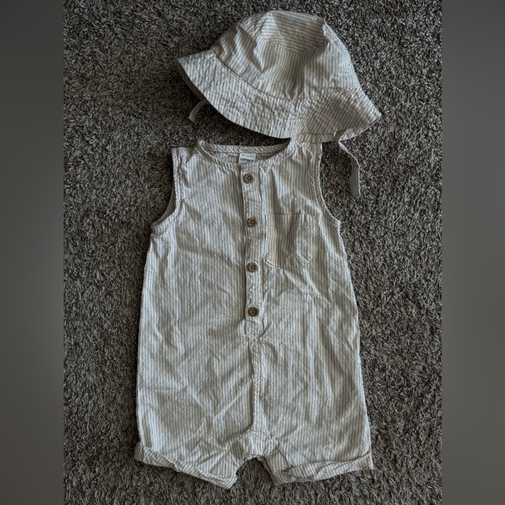 Carter's Beige Striped Romper with Hat